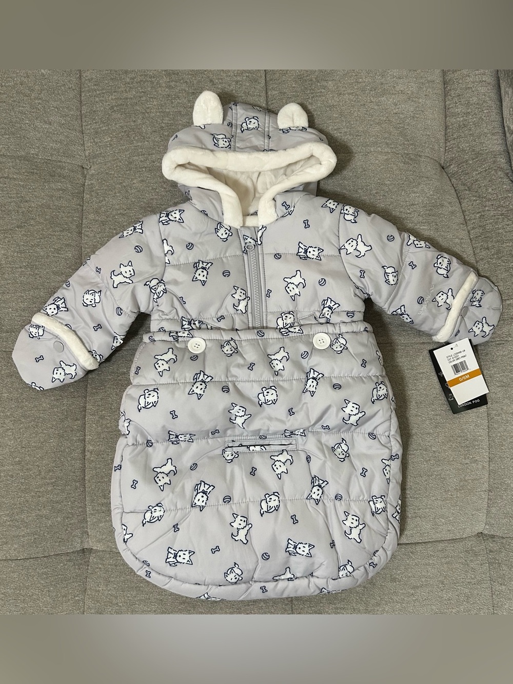 Baby Cozy Hooded 2 Piece Puffer Jacket with Tower Bag Light Gray Puppy Print